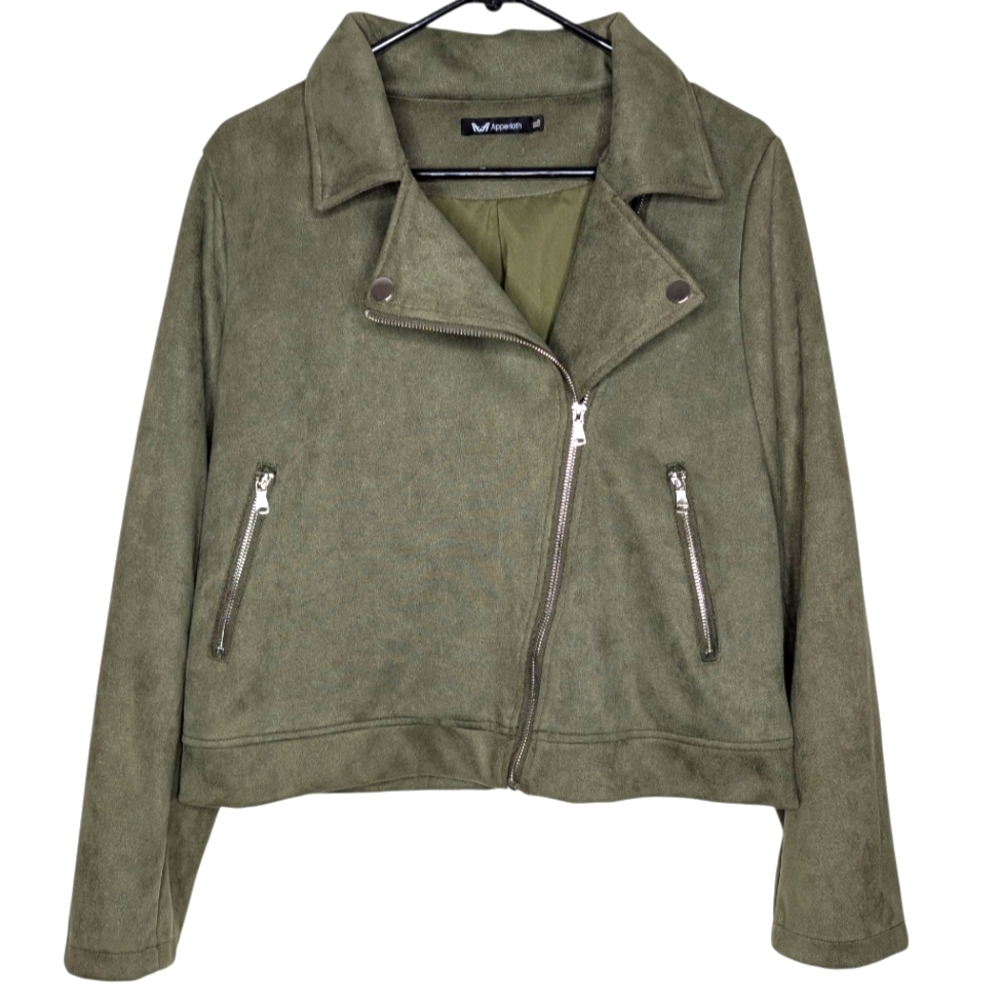 Apperloth Women's Faux Suede Sage Green Asymmetrical Zip Up Moto Jacket Size XL